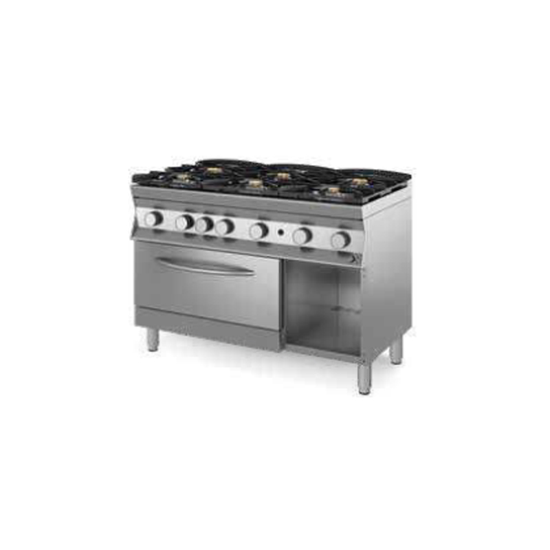 Cucina fiamma libera 6 FUOCHI A GAS CON BRUCIATORI STAGNI E PIANO CON INVASO CON FORNO