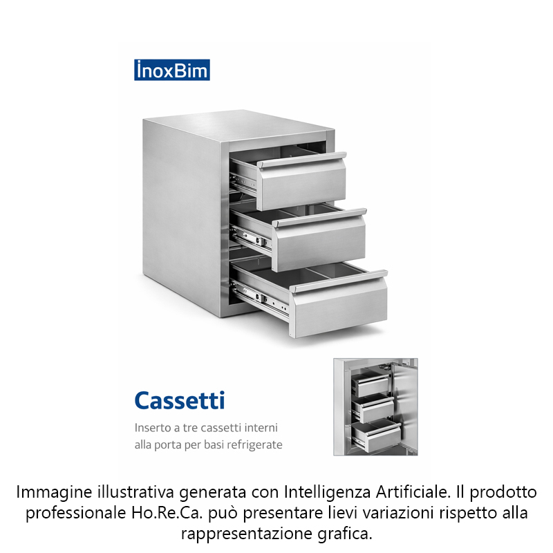 Inserto a tre cassetti per basi refrigerate da 600 mm di profondità