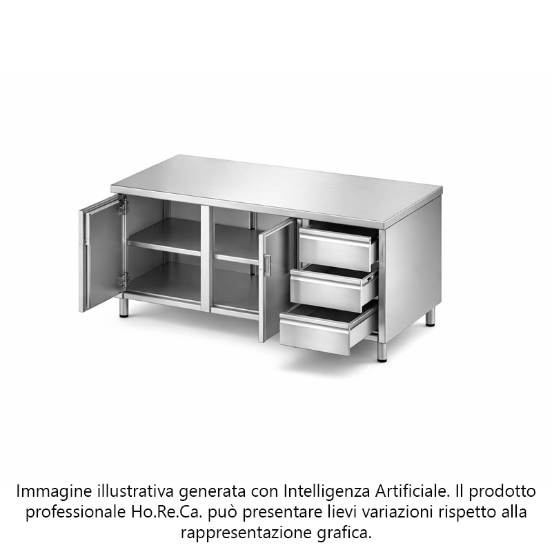 Tavolo armadiato ante a battente con cassettiera lat. prof. 600 con alzat. post