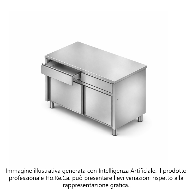Tavolo armadiato ante scorr. con cassetti in linea prof. 600 con alzatina post